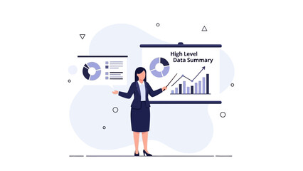 Obraz premium Businesswoman Presenting Data Summary with Charts and Graphs on Whiteboard