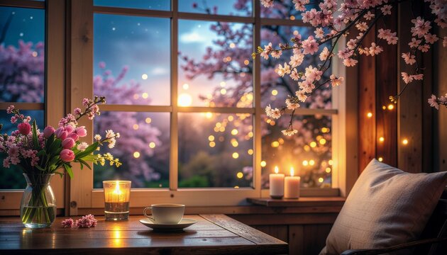 ヒュッゲな時間を演出するキャンドルライトと桜景色のインテリアフォト