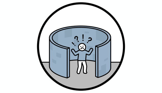 Confused Person Trapped in Circular Box Illustration.