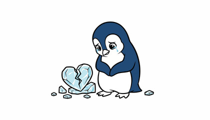 Obraz premium Sad Penguin with Broken Ice Heart Illustrates Emotional Distress and Heartbreak.