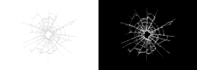Cracked glass shattered screen on white and black backgrounds