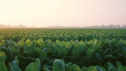 Fototapeta premium Vibrant spinach field bathed in golden sunrise a serene landscape of lush green growth