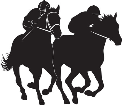 Two jockeys on race horses running together during equestrian competition vector silhouette