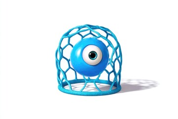 A blue, spherical eye-shaped object inside a blue cage casting a shadow on a white background