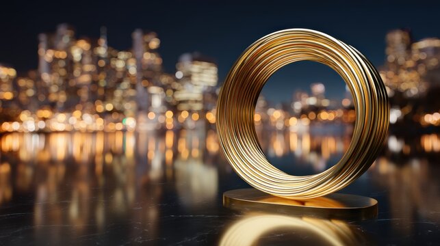 A coiled metallic wire spool reflects city lights at night with a blurred urban skyline in the background, goals reached, success at sight with AI