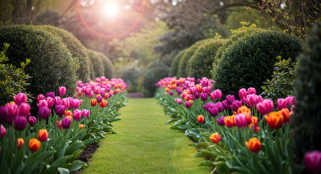 Vibrant tulip garden pathway on a sunny day