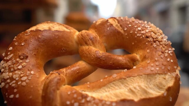 Macro Close-up of a Traditional Bavarian Salted Pretzel (Brezel) Held Outdoors, Showcasing the Golden Crust and Coarse Salt Crystals.