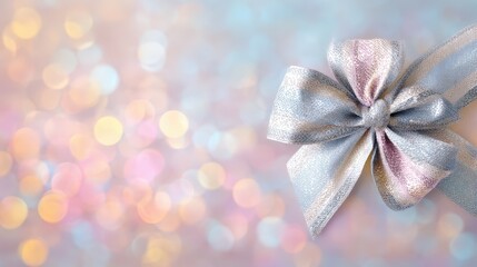 A shimmering silver gift bow is prominently displayed against a soft, pastel-colored bokeh background with warm and cool light spots, goals reached, success at sight with AI
