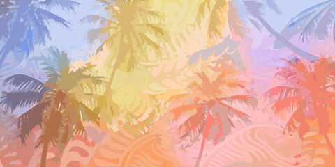 A vibrant colorful painting of palm trees and a tropical sunset