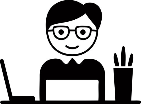 A cheerful individual working on a laptop with a cup of coffee and a pencil holder nearby