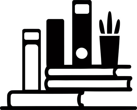 A collection of books and stationery items arranged neatly on a surface