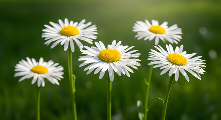 Fototapeta premium A cluster of white daisies with yellow centers in a lush green field