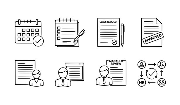 Employee Leave Approval Line Icons &ndash; HR Management Vector Set