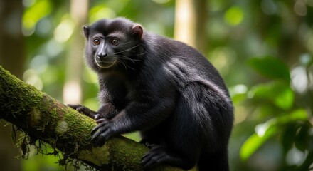 Fototapeta premium Javan lutung with dark black fur sitting on a tree branch in tropical rainforest of Indonesia. Endemic primate species captured in natural habitat with soft jungle lighting and detailed texture