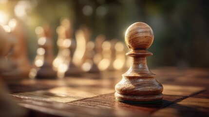 A close-up of a wooden chess pawn on a chessboard with blurred chess pieces in the background, highlighting strategy and focus, goals reached, success at sight with AI