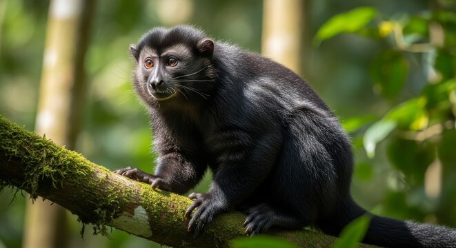Javan lutung with dark black fur sitting on a tree branch in tropical rainforest of Indonesia. Endemic primate species captured in natural habitat with soft jungle lighting and detailed texture