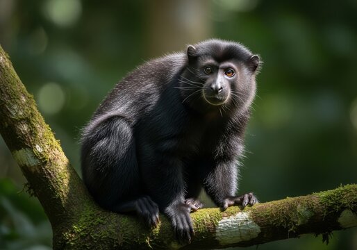 Javan lutung with dark black fur sitting on a tree branch in tropical rainforest of Indonesia. Endemic primate species captured in natural habitat with soft jungle lighting and detailed texture