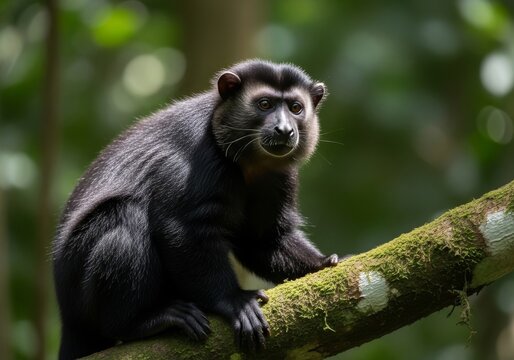 Javan lutung with dark black fur sitting on a tree branch in tropical rainforest of Indonesia. Endemic primate species captured in natural habitat with soft jungle lighting and detailed texture