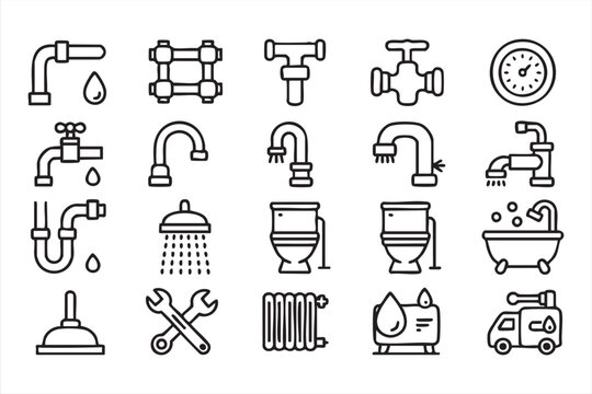 Bathroom Plumbing Outline Icons with Faucet and Shower Symbols