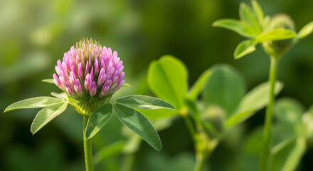 Vibrant pink clover flower in a lush green field