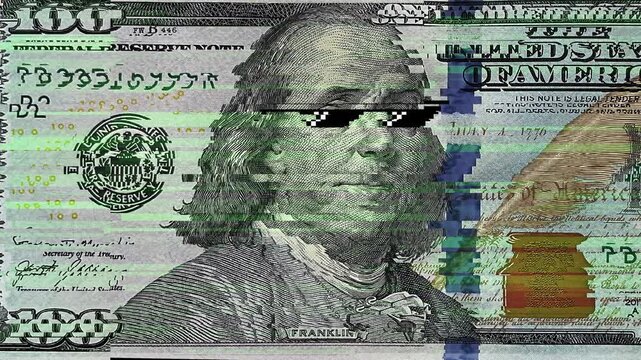 Modern creative video with One hundred USD bill in pop art style. Animation of dollar banknote with Benjamin Franklin in pixel sunglass. Glitch effect