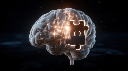 Fototapeta premium A digital brain with a glowing, missing puzzle piece symbolizes cognition, mental health, and neurological connections, goals reached, success at sight with AI