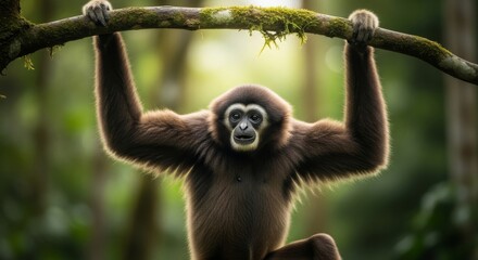 Fototapeta premium Maroon leaf monkey with distinctive reddish fur resting in tropical forest habitat. Rare Southeast Asian primate photographed in natural environment highlighting biodiversity and conservation importan