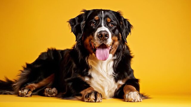 A beautiful Bernese Mountain Dog lies down on a yellow background