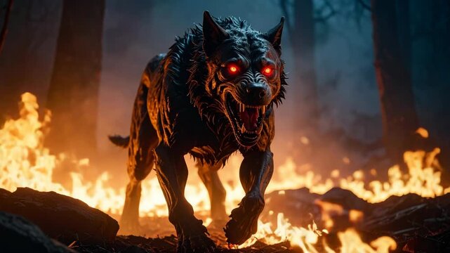 Fierce demonic wolf with glowing red eyes emerges from forest fire and smoke
