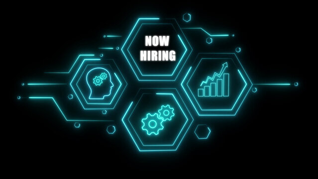 Digital concept of now hiring with glowing neon blue hexagons showing ideas gears and growth on a dark background