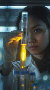 Mujer joven cient&iacute;fica con probeta con l&iacute;quido amarillo en laboratorio