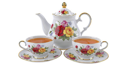 Floral Teapot and Cups with Saucers