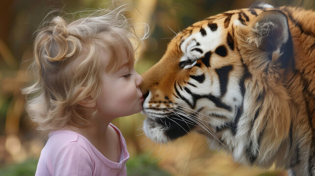 Ni&ntilde;a peque&ntilde;a besando a un tigre