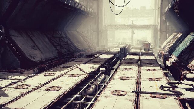 industrial landing bay with vehicle, active maintenance cart near distant hangar door, sunbeam shafts cutting through vents, scuffed floor panels, stacked