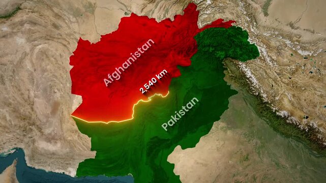 Geopolitical Map Animation of Afghanistan and Pakistan Featuring Glowing Boundary Line