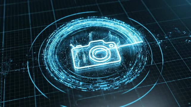 Ai automated shopping decisions camera hologram icon digital interface technology future choice concept data commerce guiding faster visual decisions modern online marketplace futuristic grid network