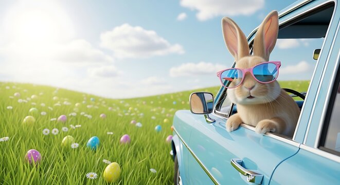 Cool bunny wearing sunglasses driving car through Easter egg filled meadow