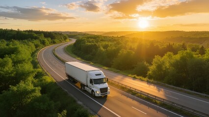 Truck on highway at sunset