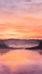 Obraz premium Serene summer lake sunrise watercolor illustration captures tranquil beauty and scenic natural reflections