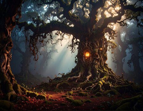 spooky halloween background with old deformed tree and lighting moon