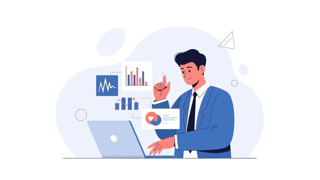 Businessman analyzing data on laptop, charts, graphs, digital marketing concept