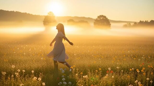 Woman dancing in a misty field at sunrise, golden hour, freedom, joy, nature