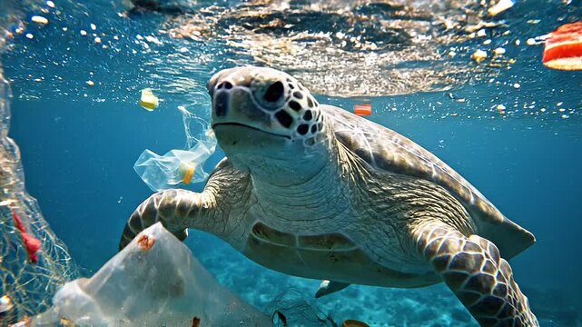 Sea turtle entangled in plastic waste floating underwater in the ocean
