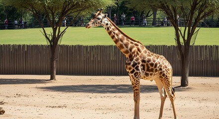Giraffe Standing Tall in Zoo Enclosure on Sunny Day.