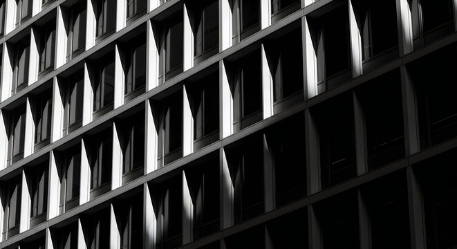 A black and white photo of a building with many windows