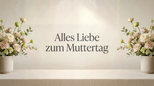 Wallpaper Mother'"s Day wallpaper with German style minimalist design, soft pastel flowers arranged symmetrically, palette, German text "Alles Liebe zum Muttertag".
