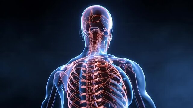 Detailed 3D visualization of human anatomy from behind showcasing skeletal and nervous system in a dark environment