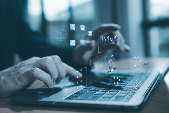 DevOps engineer in Ai Digital transformation technology strategy of business processes data, optimize automate operations, customer service management, Man use tablet and data chart dashboard