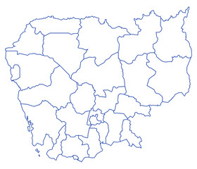 Obraz premium Blue Outline Cambodia Map with District Borders Asian Country