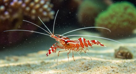 Elegant marine life portrait: Red striped cleaner shrimp in vibrant coral reef habitat
